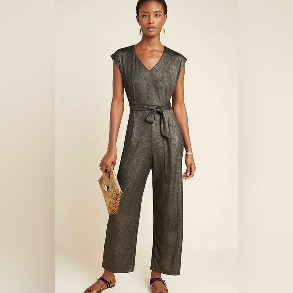 Anthropologie bishop +young Metallic Wide-Leg Jumpsuit with Tie Waist